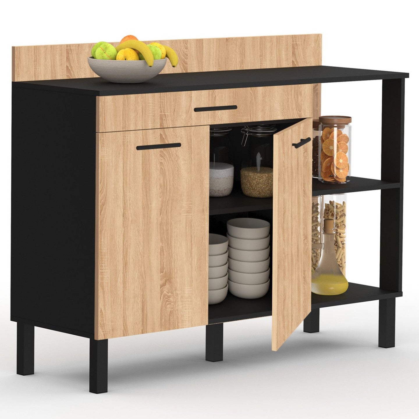 Buffet bas de cuisine 120 cm CINA plan de travail H.83 cm 2 portes + tiroir noir et façon hêtre - 4