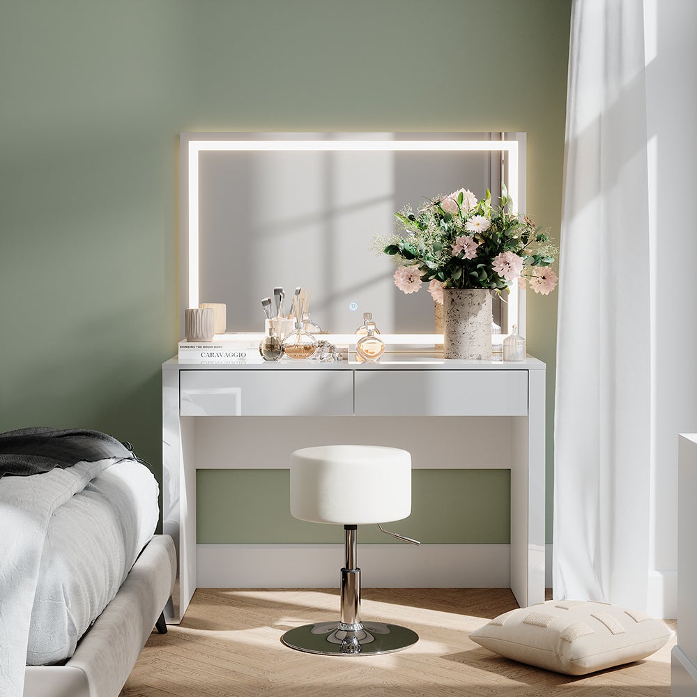 Vicco Toaletka Annabelle, Biały wysoki połysk/biały, 110 cm z lustrem LED i stołkiem - 3