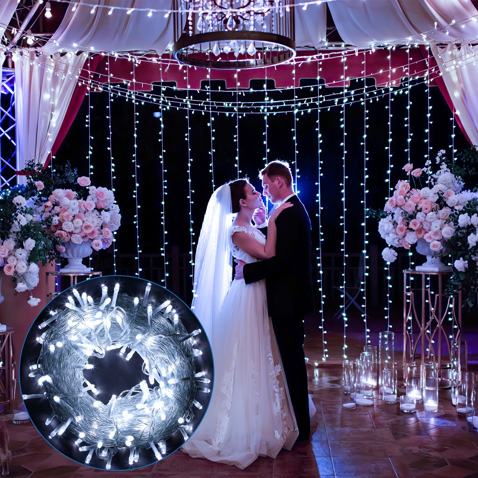 10M 100LED 8-mode IP44 festone luce di Natale all'aperto decorazione giardino interno per Natale compleanno matrimonio soggiorno bianco freddo - 7