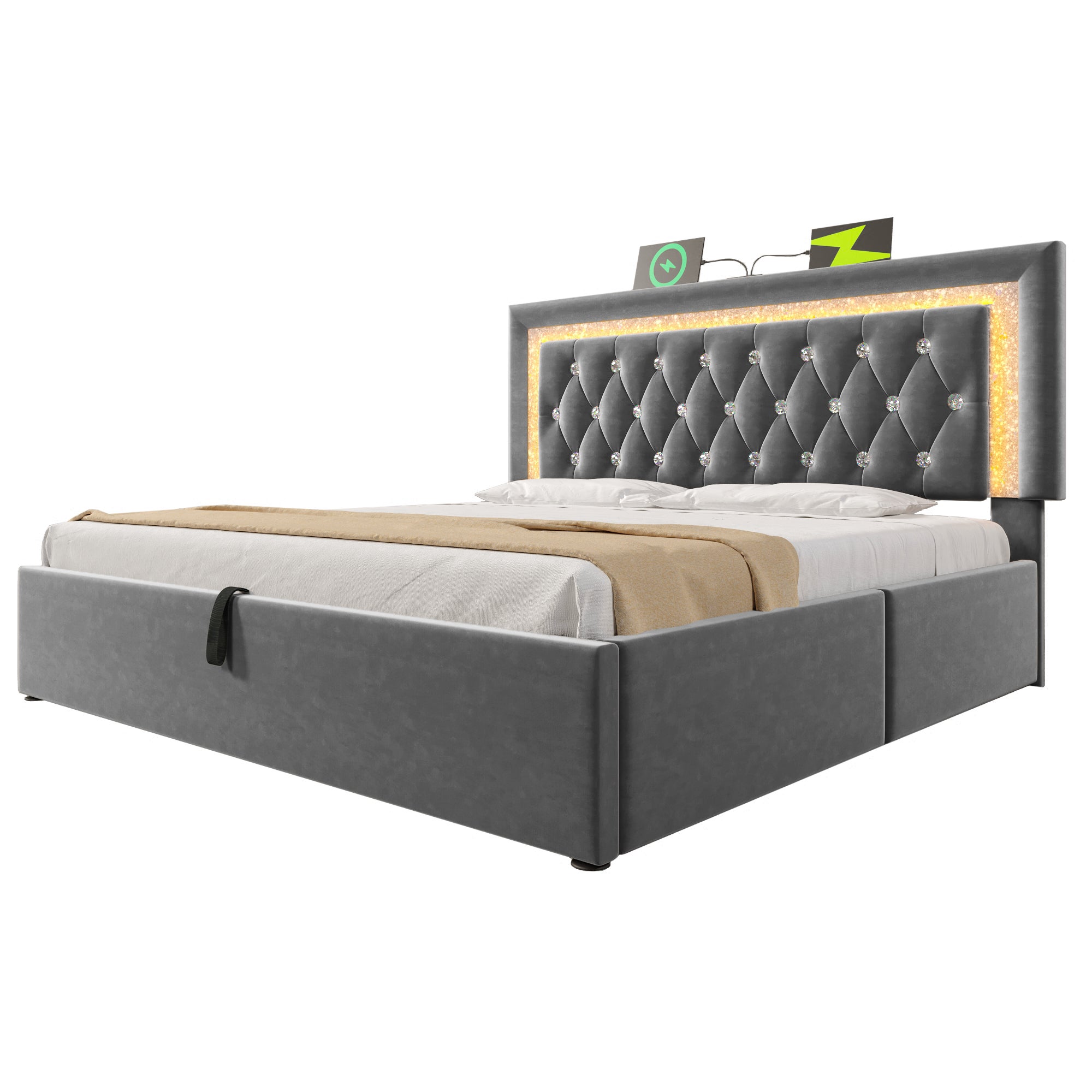 Łóżko tapicerowane z pojemnikiem 180x200 cm z aksamitu - z oświetleniem LED - z portami USB i typu C - z podstawą z listew - szare - 7