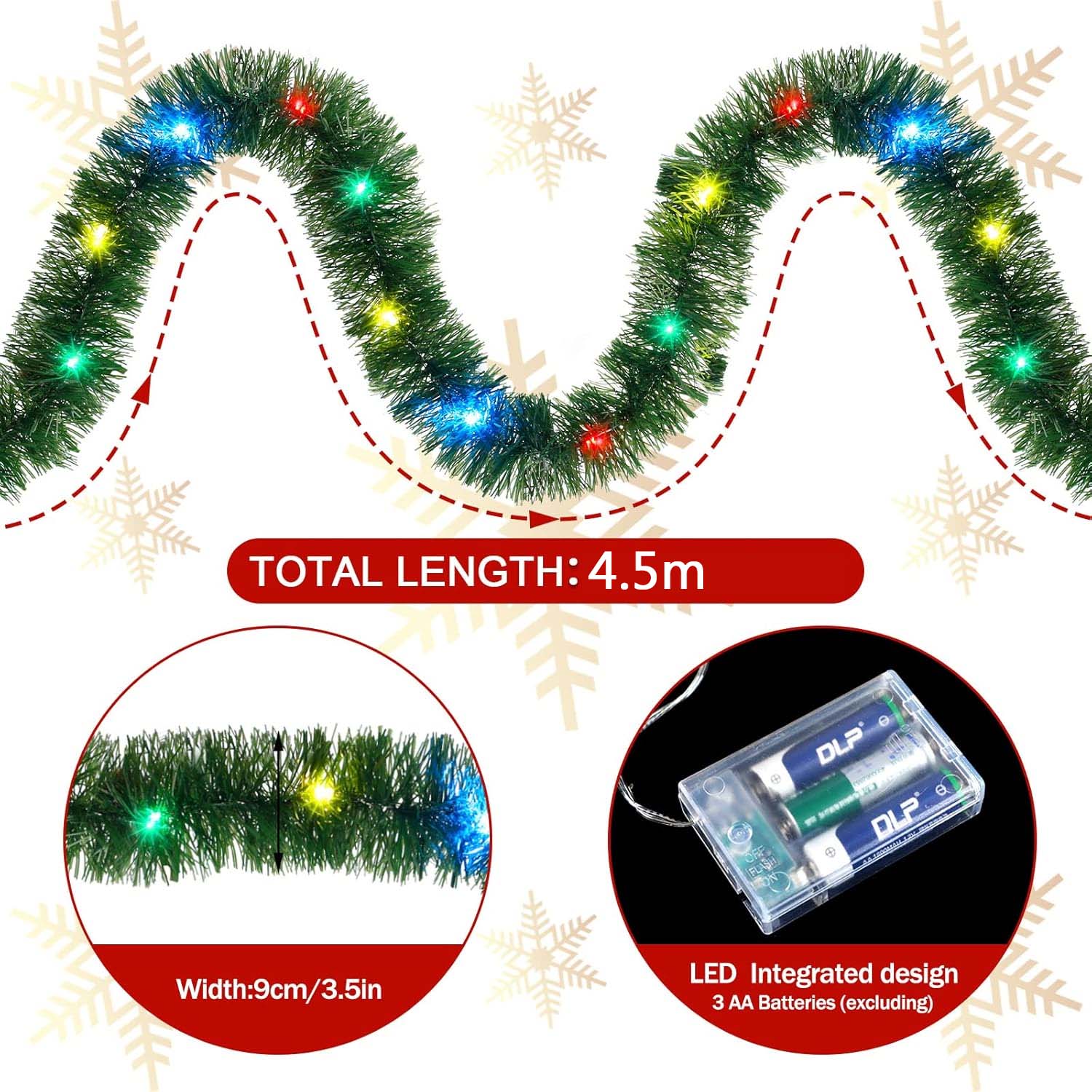 Ghirlanda Natalizia Luminosa 1,8m Con 60 LED, 8 Modalità Luce + Timer, A Batteria, Con Pigne E Bacche Rosse, Per Interno