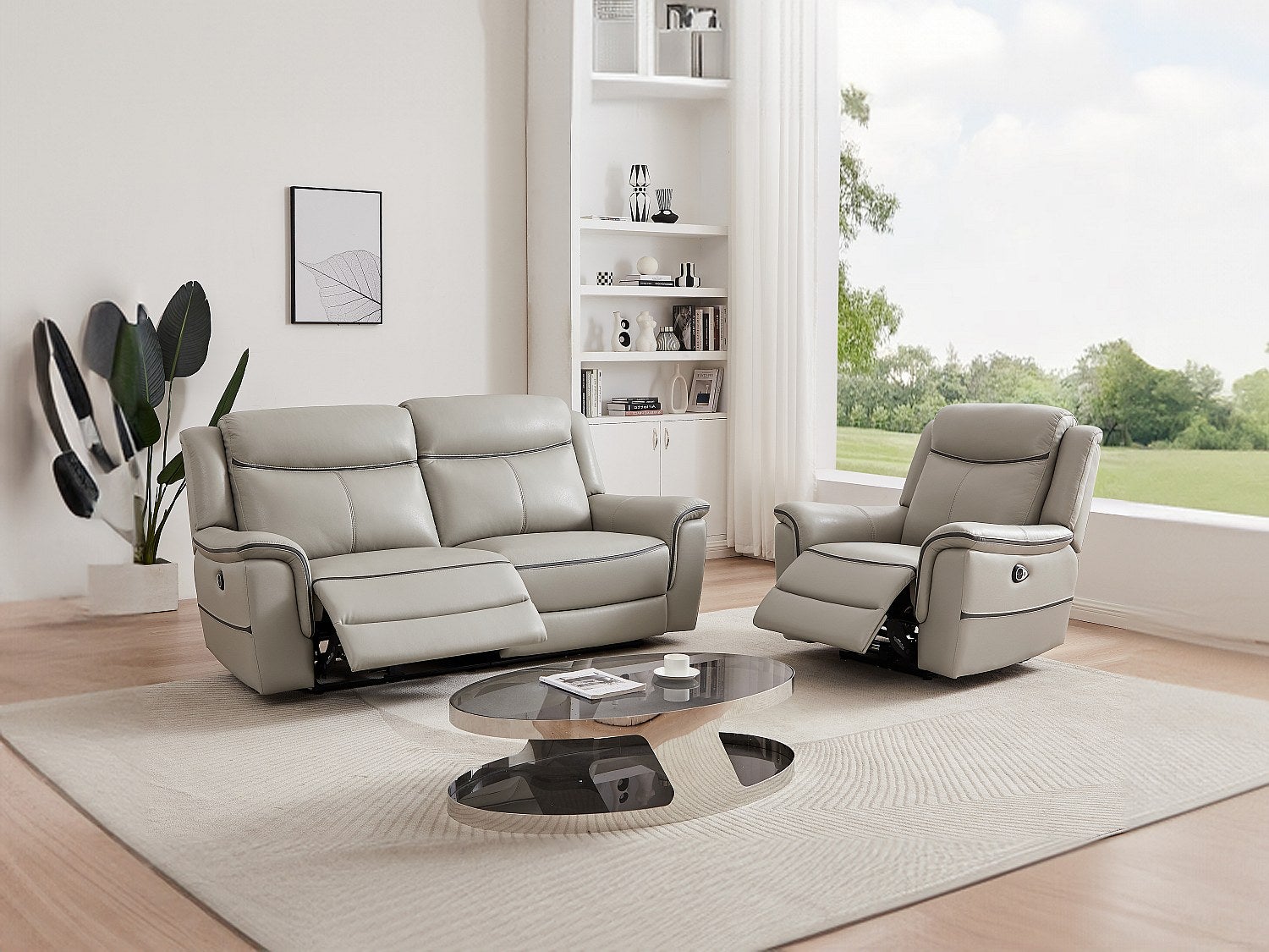 Kanapa 3-osobowa i fotel z elektryczną funkcją relax z jasnoszarej skóry - ADELIO