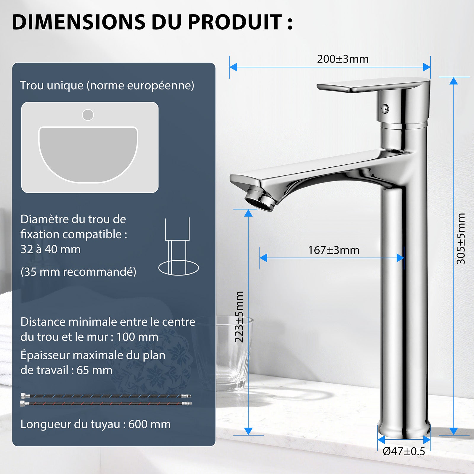 Rubinetto Lavabo Cromato con Bocca Alta, Rubinetto da Bagno per Lavabo da Appoggio, Rubinetteria per Acqua Calda e Fredda, in Ottone Durevole - 7