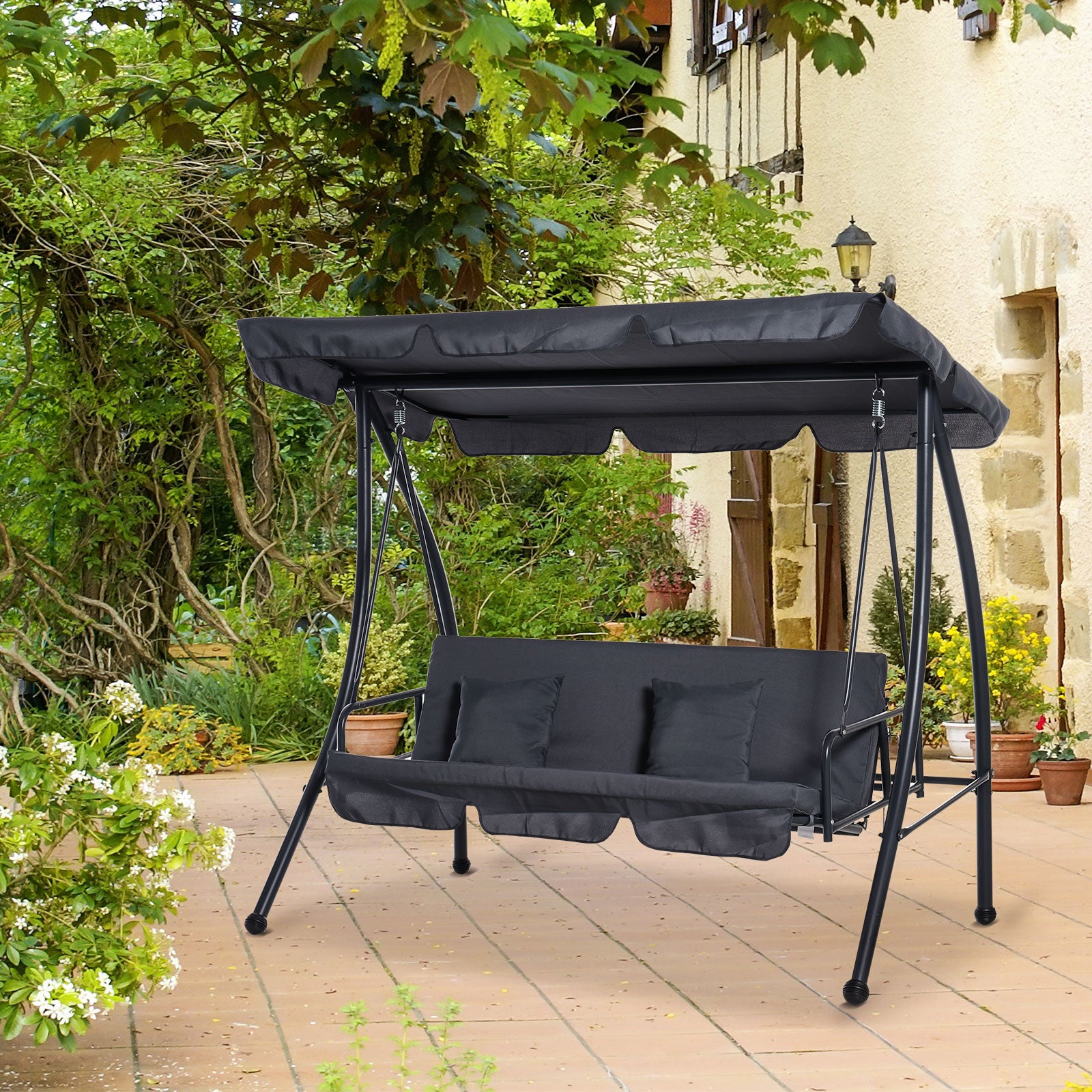 Balancelle de Jardin Convertible 3 Places Grand Confort Inclinaison Toit réglable Matelas fourni 2L x 1,25l x 1,7H m métal Polyester Noir Anthracite - 4