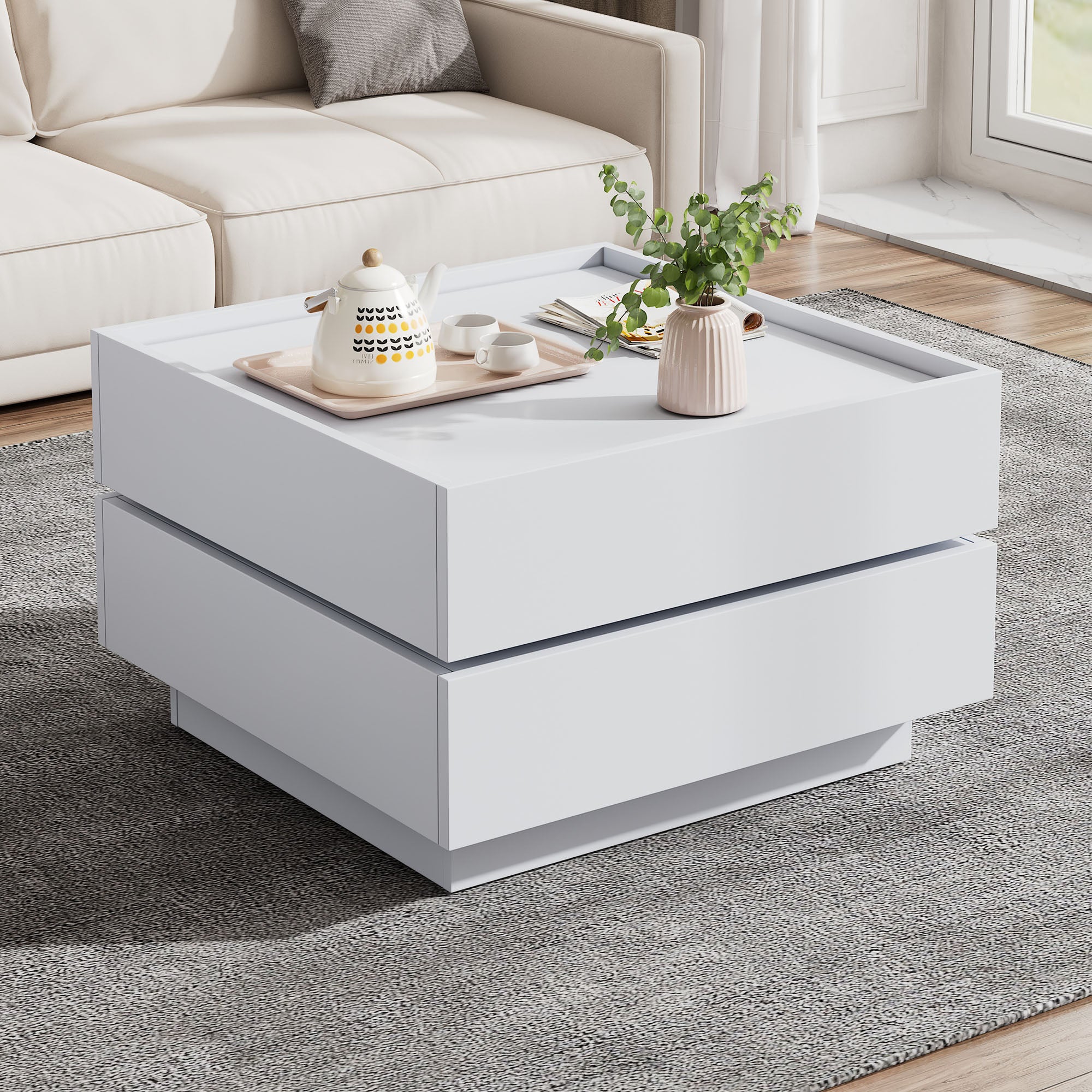 Stolik kawowy kwadratowy z obrotowym blatem 360° - 60 x 60 x 38 cm - Płyta wiórowa - Biały