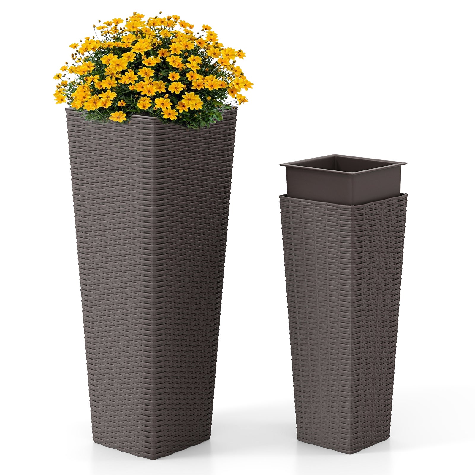 Set de 2 ghivece de plante din ratan PP, set de jardiniere mari pentru exterior cu tăvi interioare detașabile și orificii de drenaj, maro 2buc