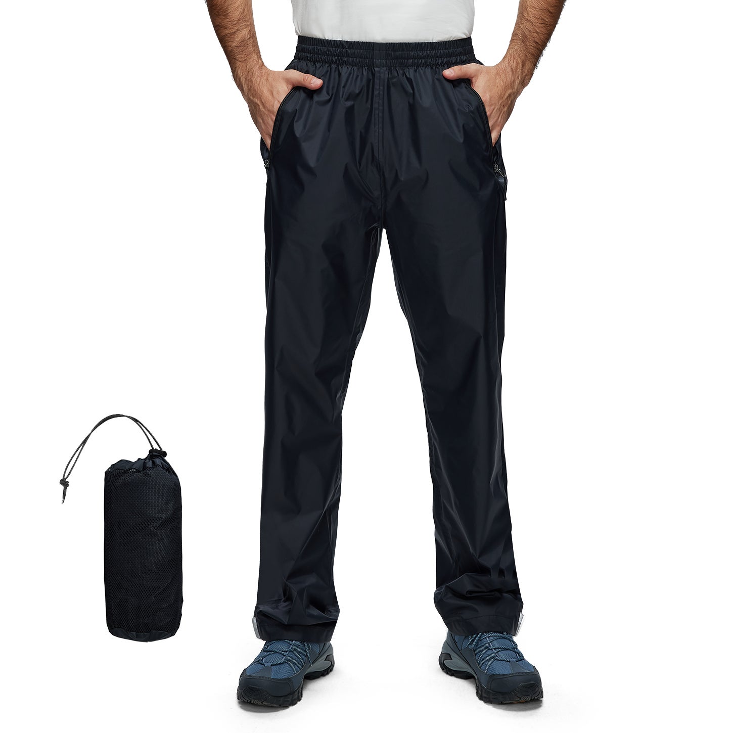 Pantalon de Travail/Pluie Taille 40 Imperméable et Pliable Homme - Léger, Respirant et Coupe-vent, avec Sac de Rangement - Noir L - 2