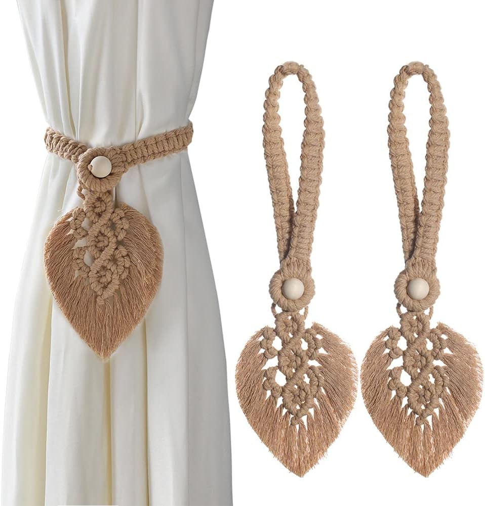 2 Pièces Embrasses de Rideaux, Cravate de Rideau Tressée Bohème, Beige