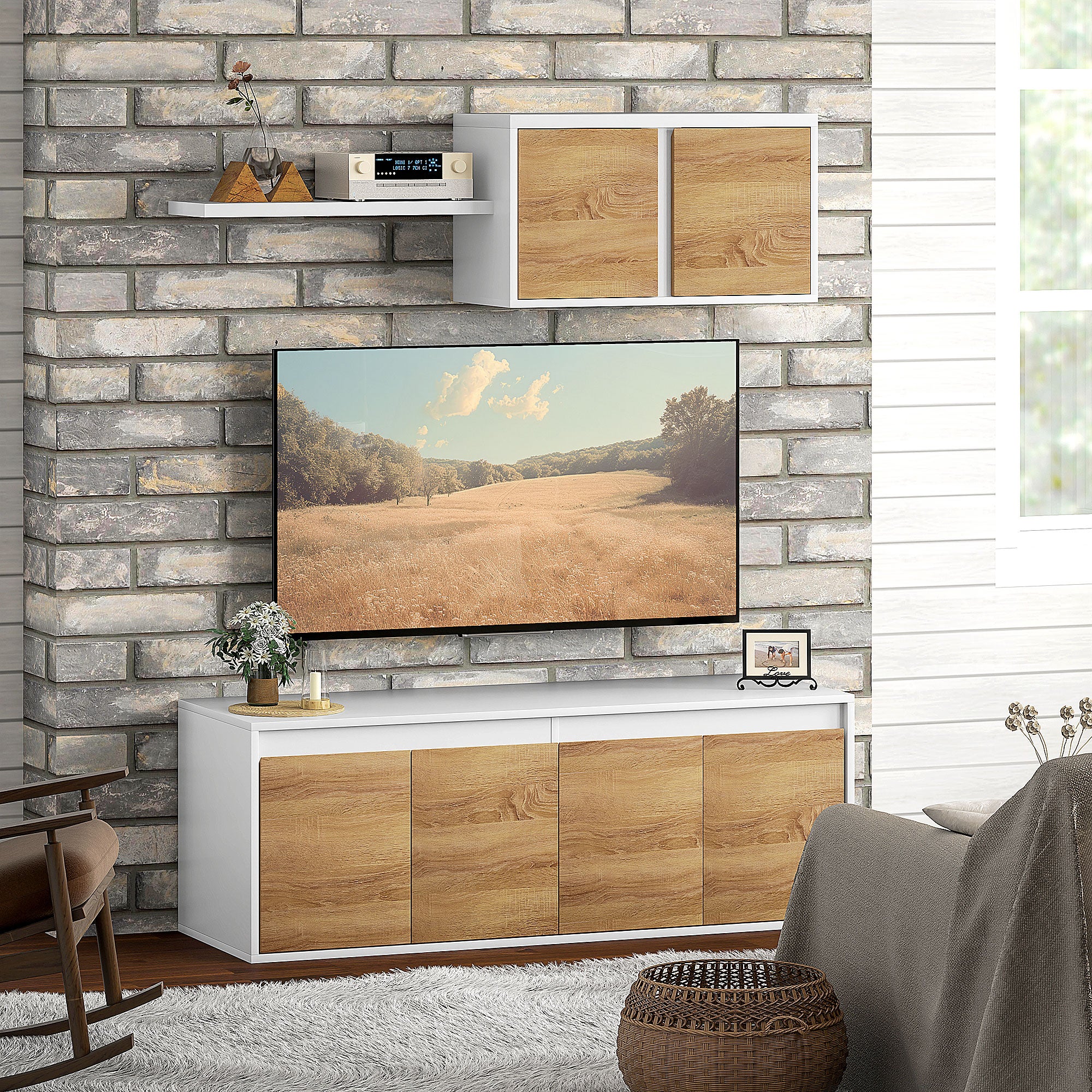 HOMCOM Set Mobile TV E Armadietto Muro 2 Pezzi – 7 Ripiani, Scaffale Aperto E Fori Passacavi, Per TV Fino A 50", Bianco/Legno