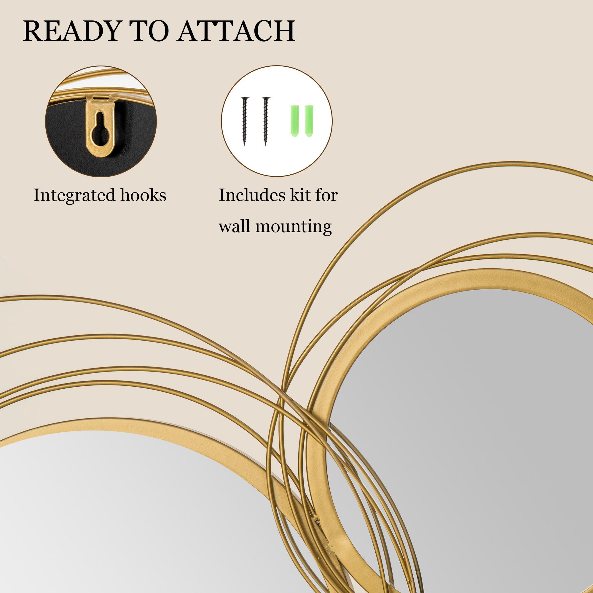 Zestaw luster ściennych z 4 okrągłymi lustrami do dekoracji salonu, 107x56 cm, elegancka metalowa dekoracja ścienna - 5