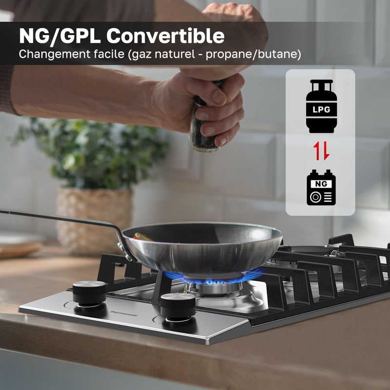 ThermoMate Plaque de Cuisson à Gaz GHSS302 2 Foyers, Encastrable, Gaz Naturel/Propane, Acier Inoxydable, 5200W - 5