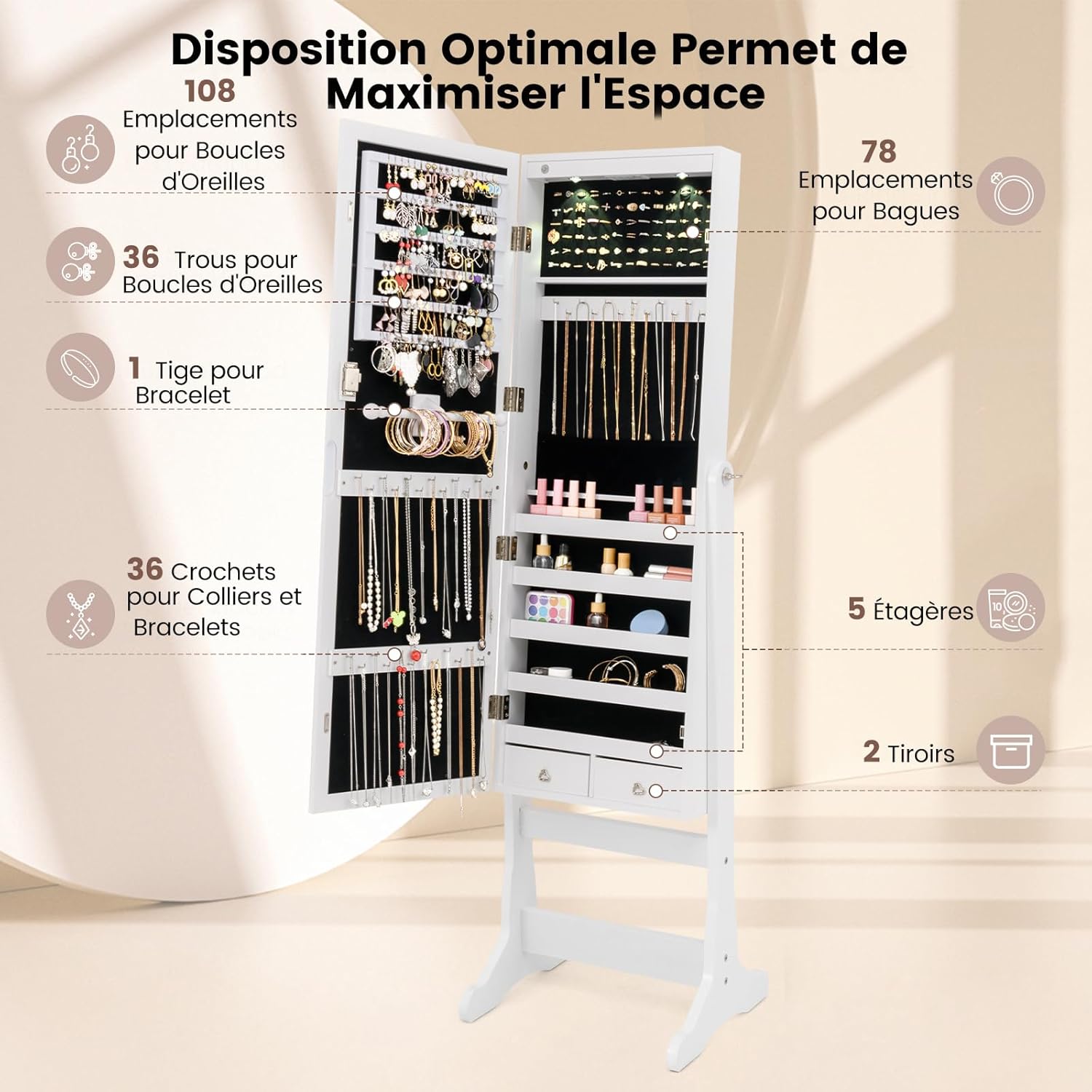 Armoire à Bijoux, Organisateur de Bijoux Debout avec Miroir Pleine Longueur, 4 Angles Inclinables Réglables, 5 Étagères et 2 Tiroirs (Blanc) - 4