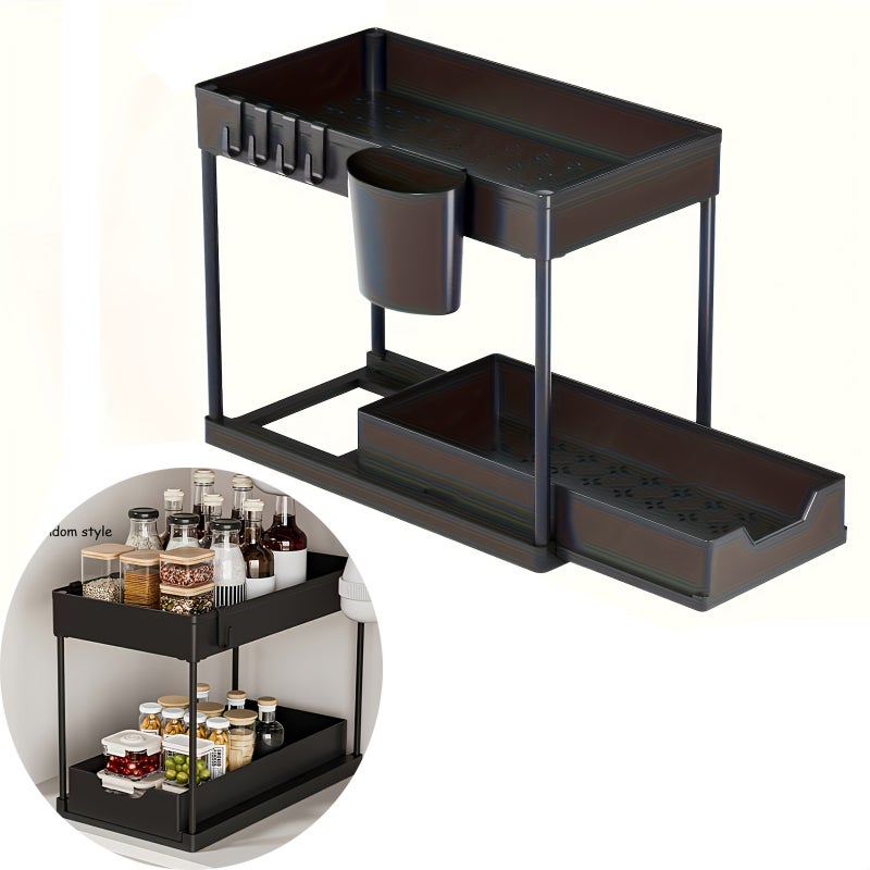 2-poziomowy organizer pod zlewozmywak z wysuwaną szufladą i haczykami, plastikowy organizer kuchenny, organizer do szafki, organizer pod zlewozmywak