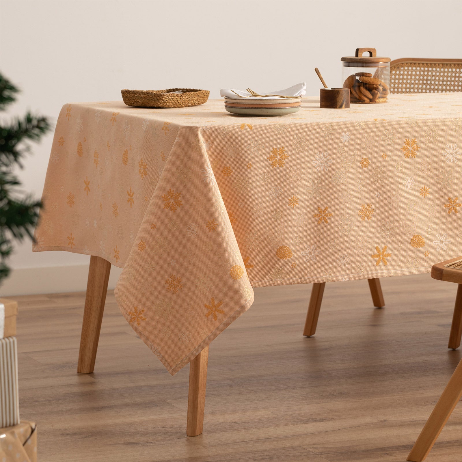Mantel navidad algodón rectangular jacquard snowflake naranja y oro 140x100 cm - flake