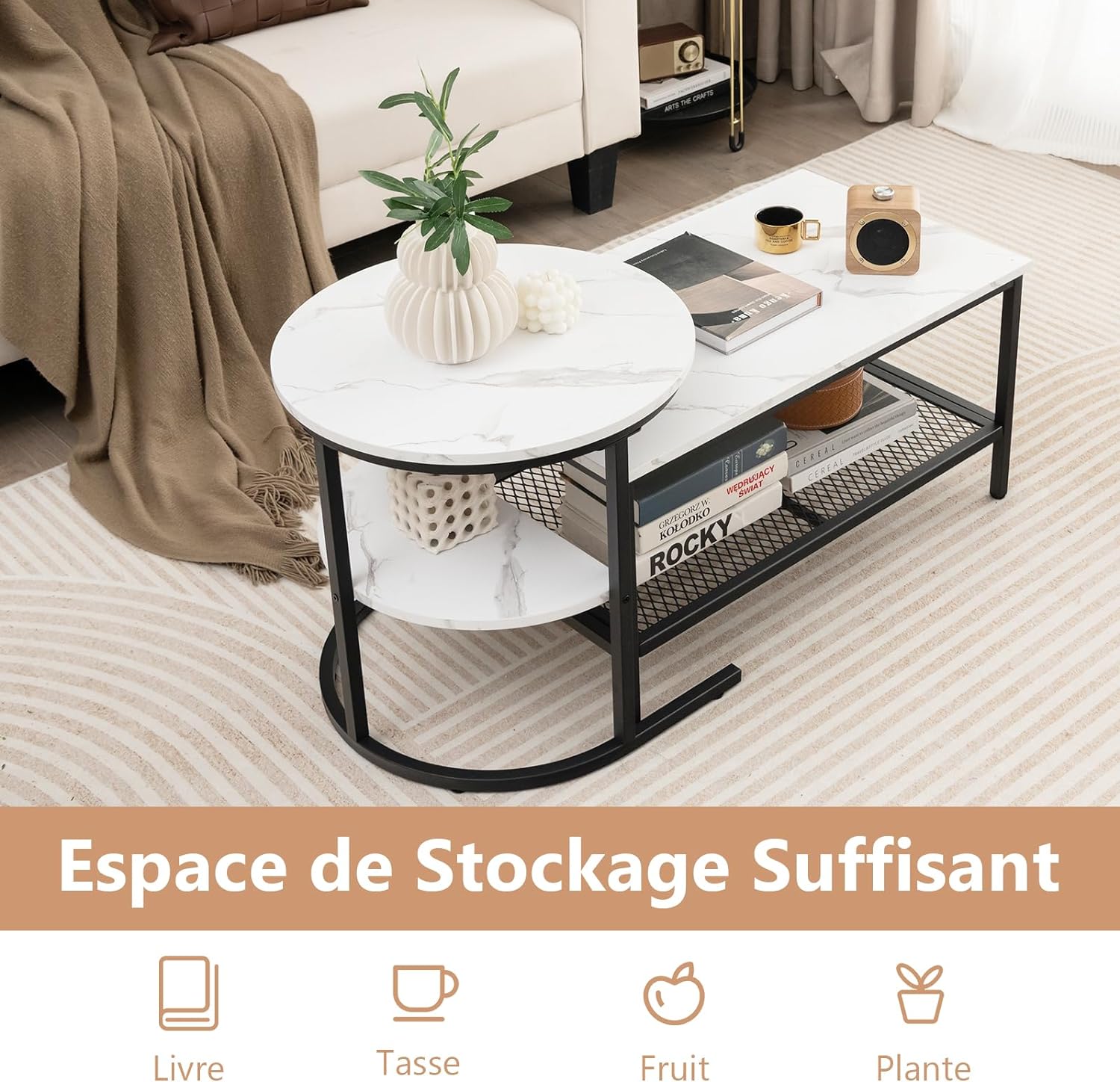 Juego de 2 mesas con mesa rectangular extraíble y mesa redonda, de imitación de mármol blanco, mesa auxiliar moderna para salón, blanco y negro - 5