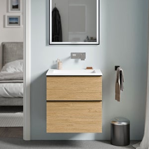 Meuble Vasque Suspendu Salle De Bain Bernstein - Design Chêne, 3 Tiroirs, Plan En Fonte Minérale Blanc - 190x45x52 Cm