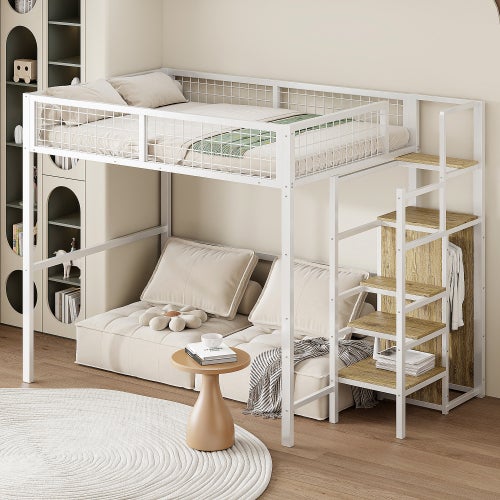 Lit Triple Superposé Métallique 90x190 Avec échelle Et Garde-corps - Pour Enfants, Ados, Adultes - Gain De Place, Sans Sommiers (Blanc)