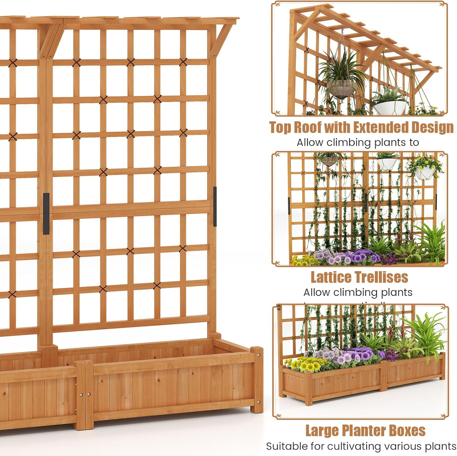 Jardinière avec 2 Treillis 2 Bacs Toit Suspendu en Bois, Lit de Jardin Surélevé pour Plante Grimpante, Orange (180 x 48 x 183 cm) - 4