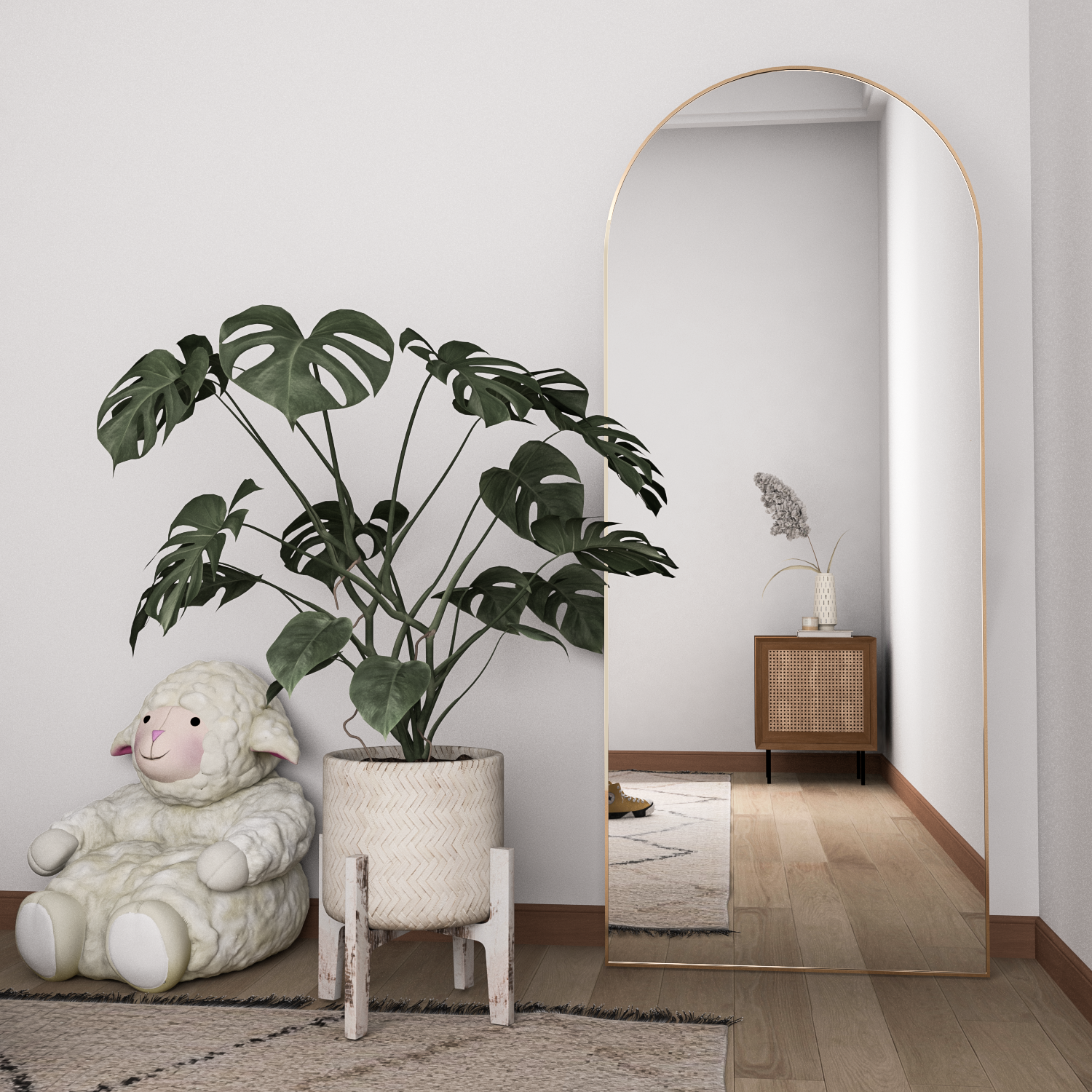 ELEMANGO Espelho arqueado de corpo inteiro, independente, pendurado, espelho grande de chão, moldura de alumínio dourado - 2