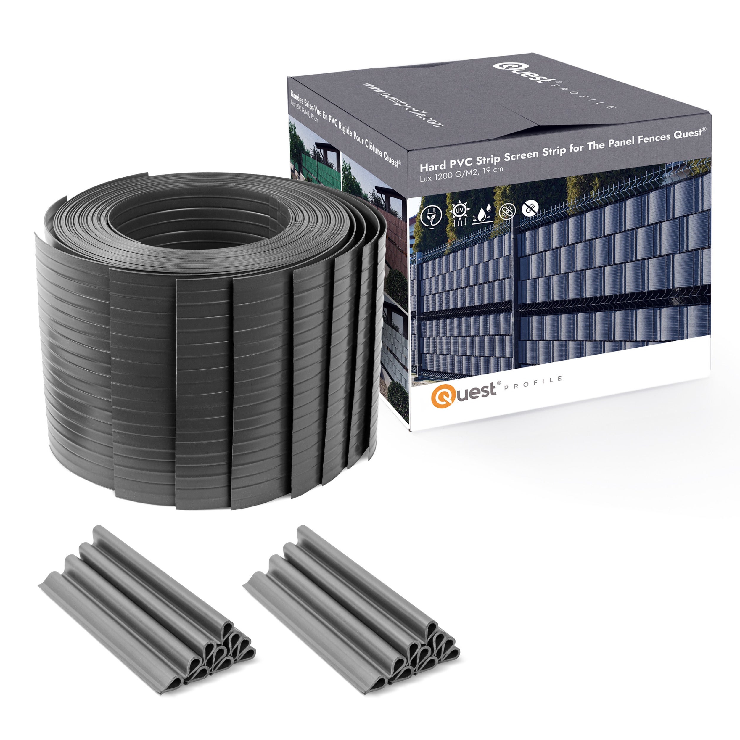 QUEST Taśma ogrodzeniowa PCV 19cm, listwa do ogrodzeń panelowych premium, 900 g/m2, RAL7016, antracyt, 10 x 2,525 + 20 x klipsy