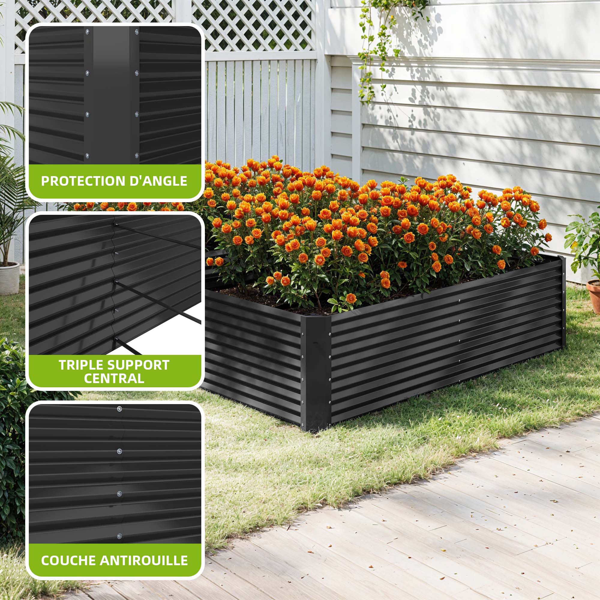 Lot de 2 Carré Potager de Jardin, 240x120x58 cm, Lit Jardinière surélevée, en Métal pour Jardin Forme carrée - 7