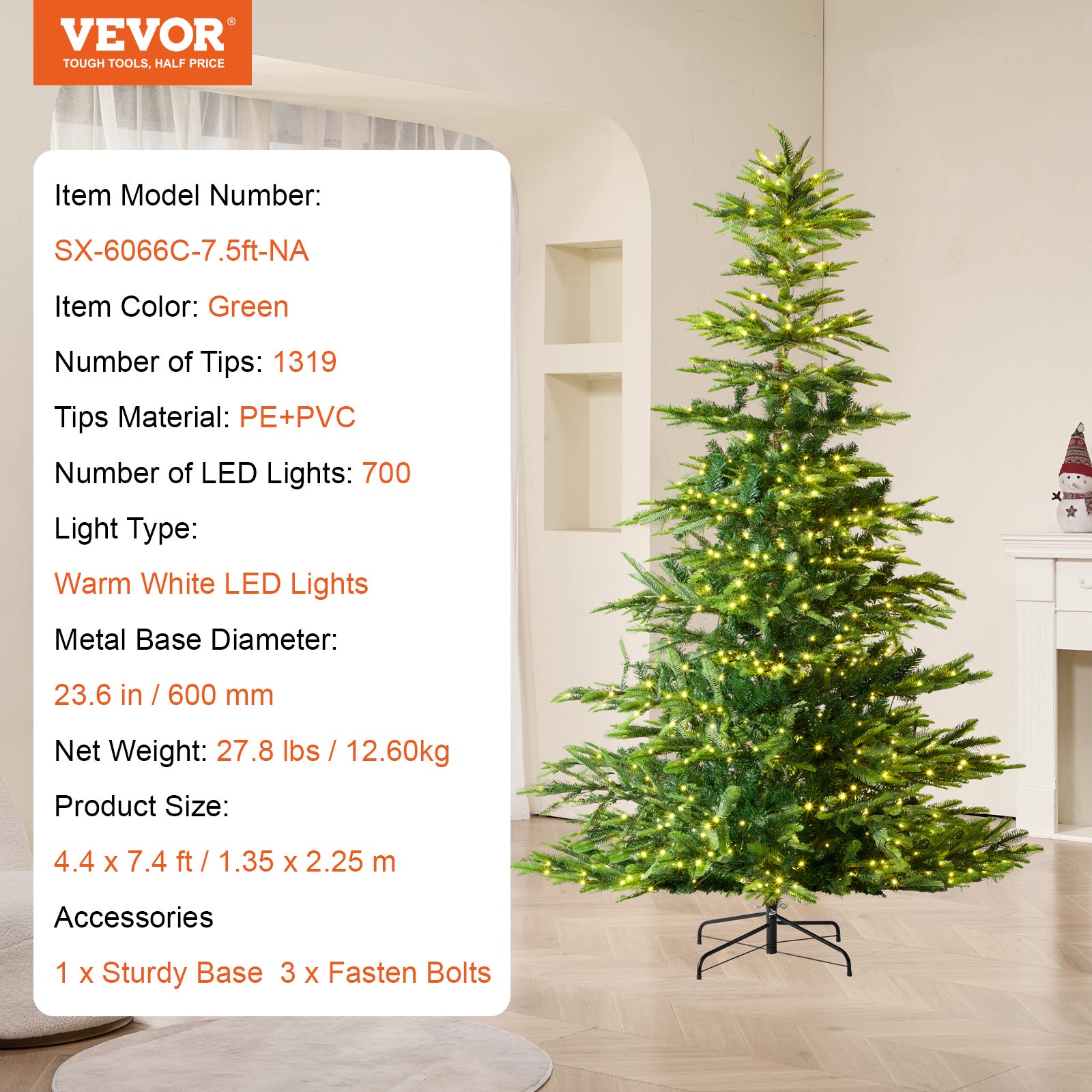 Árvore de Natal Artificial VEVOR 2,25 m,Pré-iluminada com 700 Luzes LED Branco Quente,1319 Pontas,Base Metálica,Decoração Natal Escritório Casa - 7