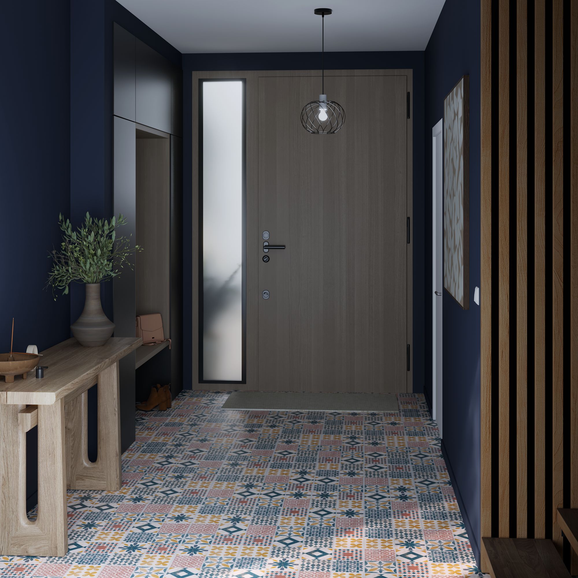 ARTENS - Sol PVC - Dalles PVC à clipser BAHIA - Sous-couche intégrée - INTENSO EXTREM - Effet carreaux de ciment - Bleu/Rose - Dimensions L.61 cm x - 3