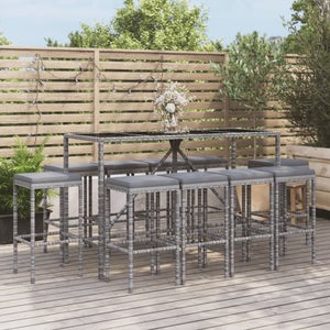 Set Bar Da Giardino 11 Pezzi VidaXL - Polyrattan Grigio Con Cuscini, Tavolo Vetro Temperato