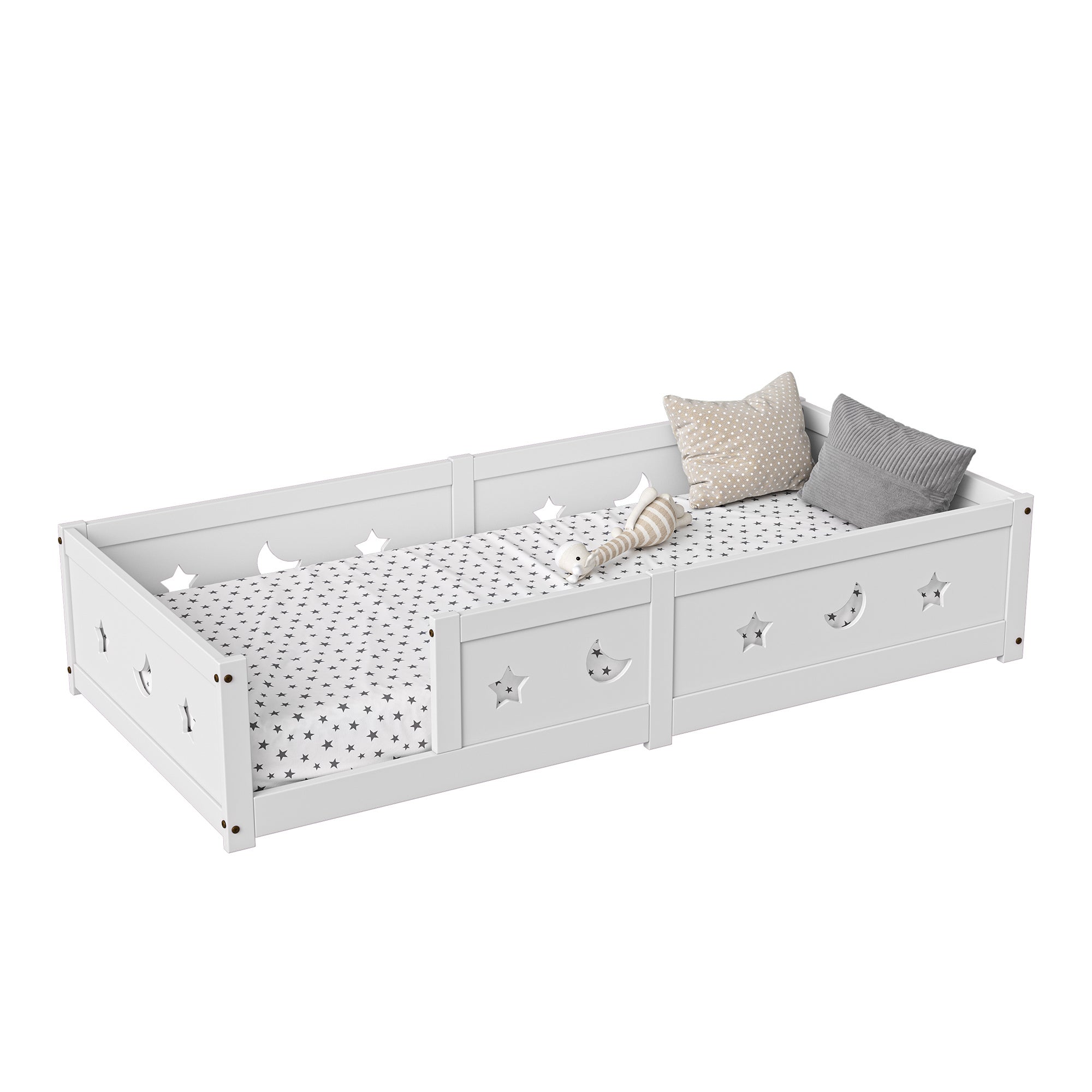 Lit au sol 90x200 cm, lit enfant avec barrière de sécurité, lit 1 personne, lit montessori, moderne, cadre de lit avec sommier, bois massif blanc - 8