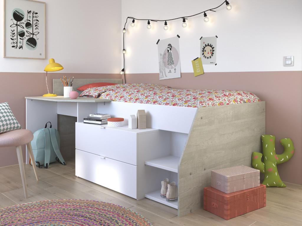 Łóżko z wbudowanym biurkiem i schowkami - 90 x 190/200 cm - Biały i naturalny + stelaż - GISELE