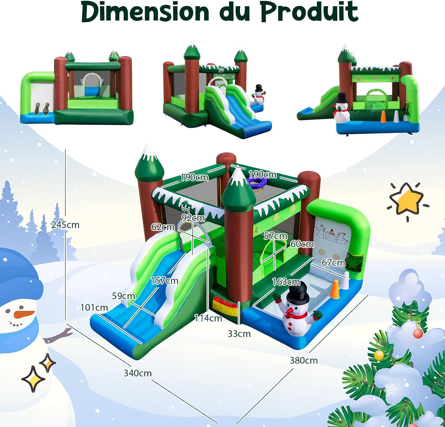 Castello Gonfiabile con Pupazzo di Neve, Gioco Gonfiabile per Bambini con Scivolo, Piscina di Palline, Basket, Gonfiabile con Pupazzo di Neve - 4