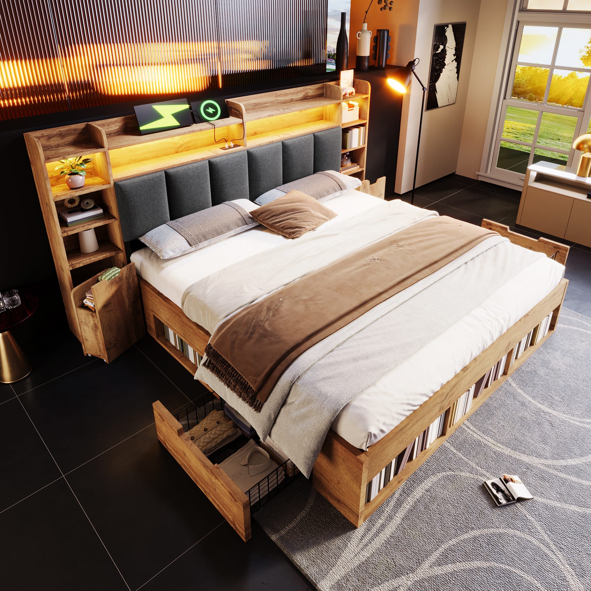 Lit Double En Bois 160x200 – Coffre Hydraulique, Tête De Lit Avec Tiroirs, Ports USB Et Type-C, Matelas Inclus