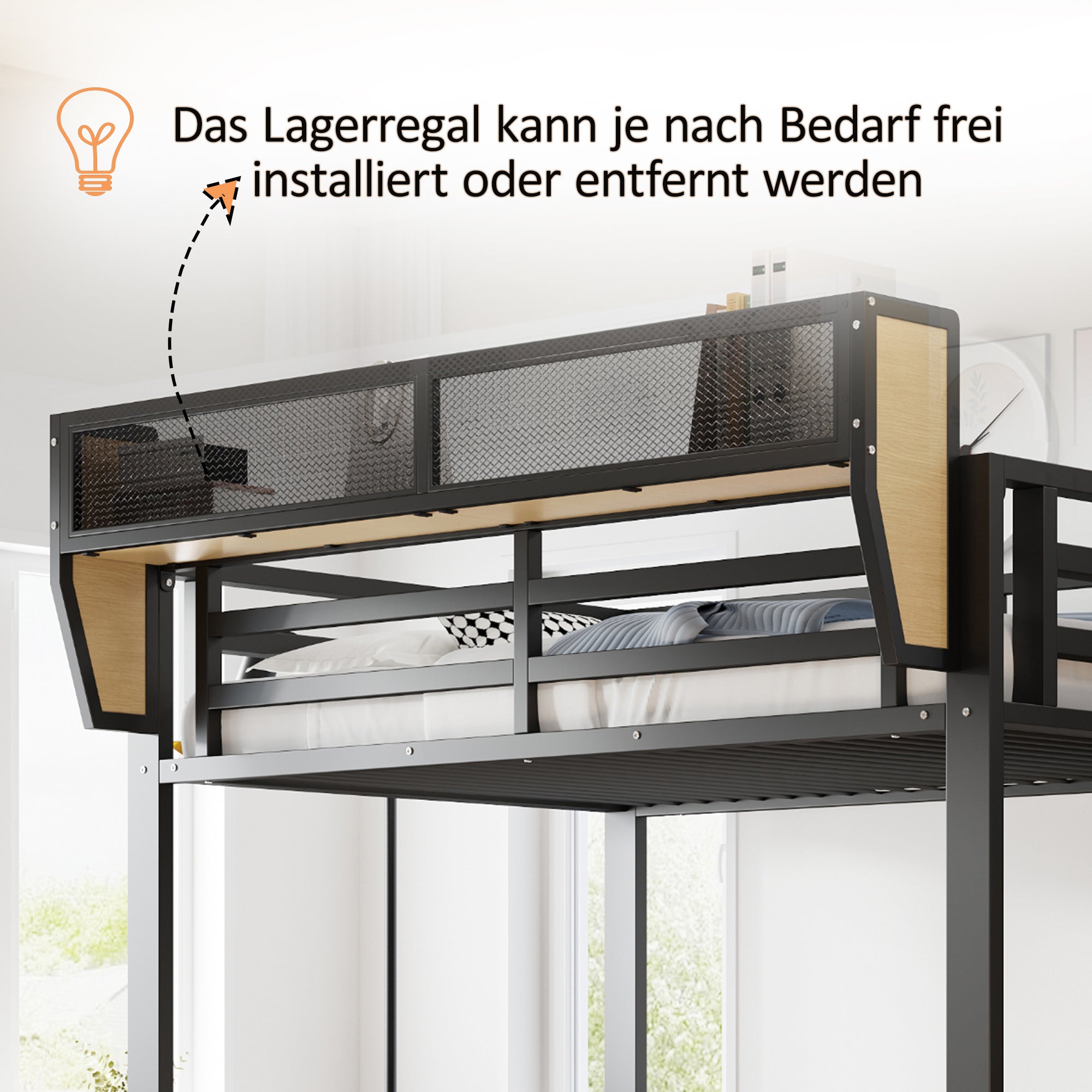 Lit Mezzanine en Métal 90x200 cm avec Bureau, Armoire et Échelle de Rangement, Lit superposé avec LED et Prises, Lit enfant Noir, Sans matelas - 4