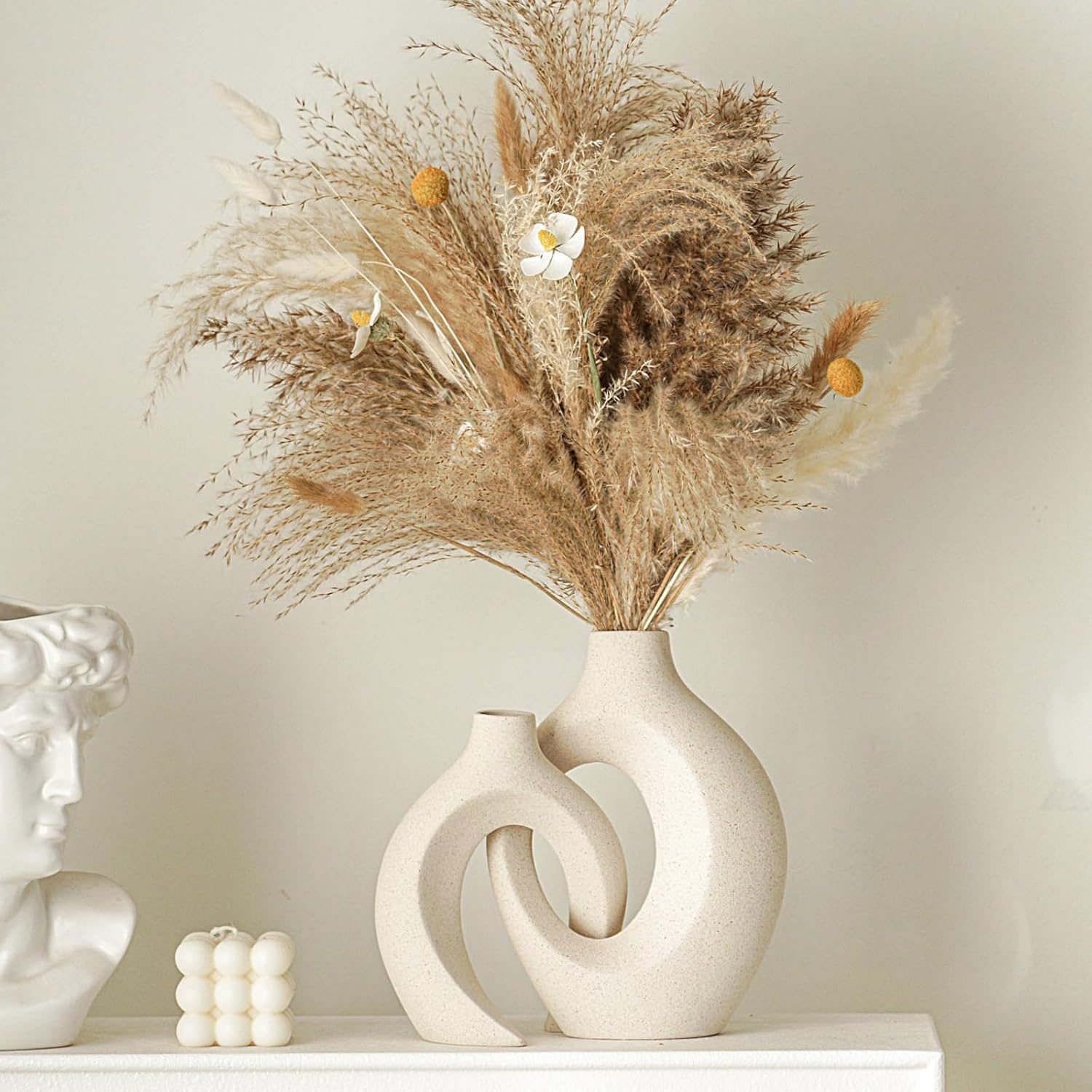Ensemble de 2 vases en céramique, style bohème moderne nordique, vases décoratifs esthétiques en céramique pour la décoration intérieure (blanc) - 3