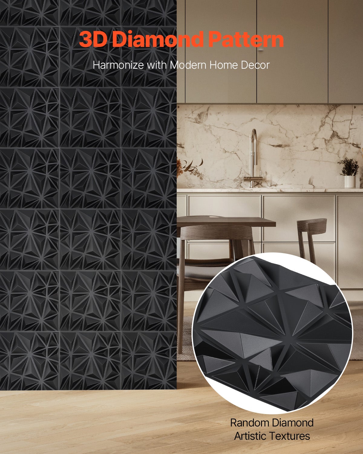 Panneaux muraux VEVOR 3D,33 carreaux diamant PVC 11,81 x 11,81 po,couverture 32 pi²,pour plafond,chambre,salon et salle de jeux,noir mat - 2