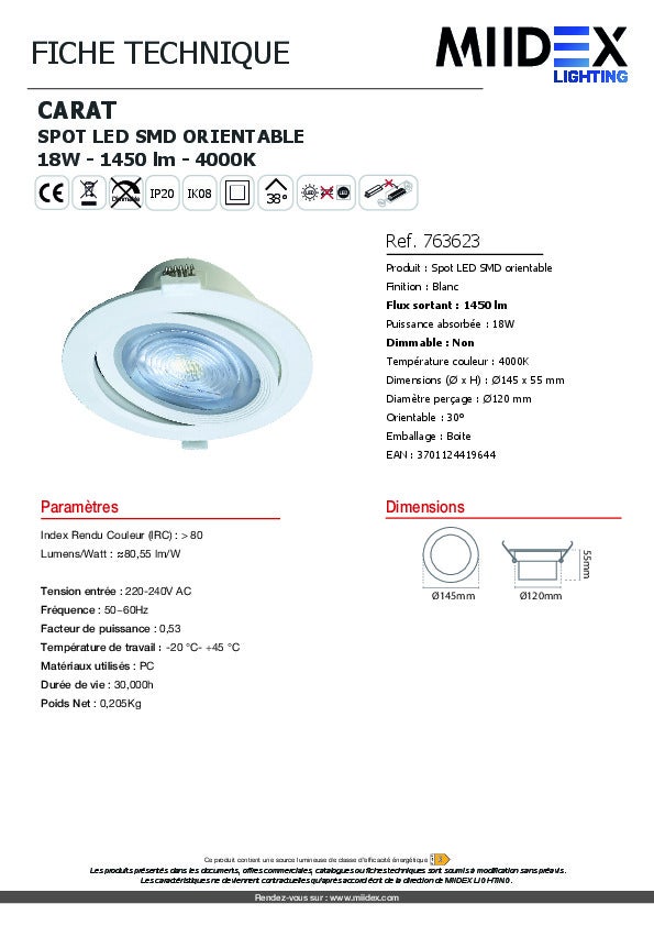 Spot LED Encastrable Rond - 145mm - 18W - 4000K - Blanc - Orientable - 8