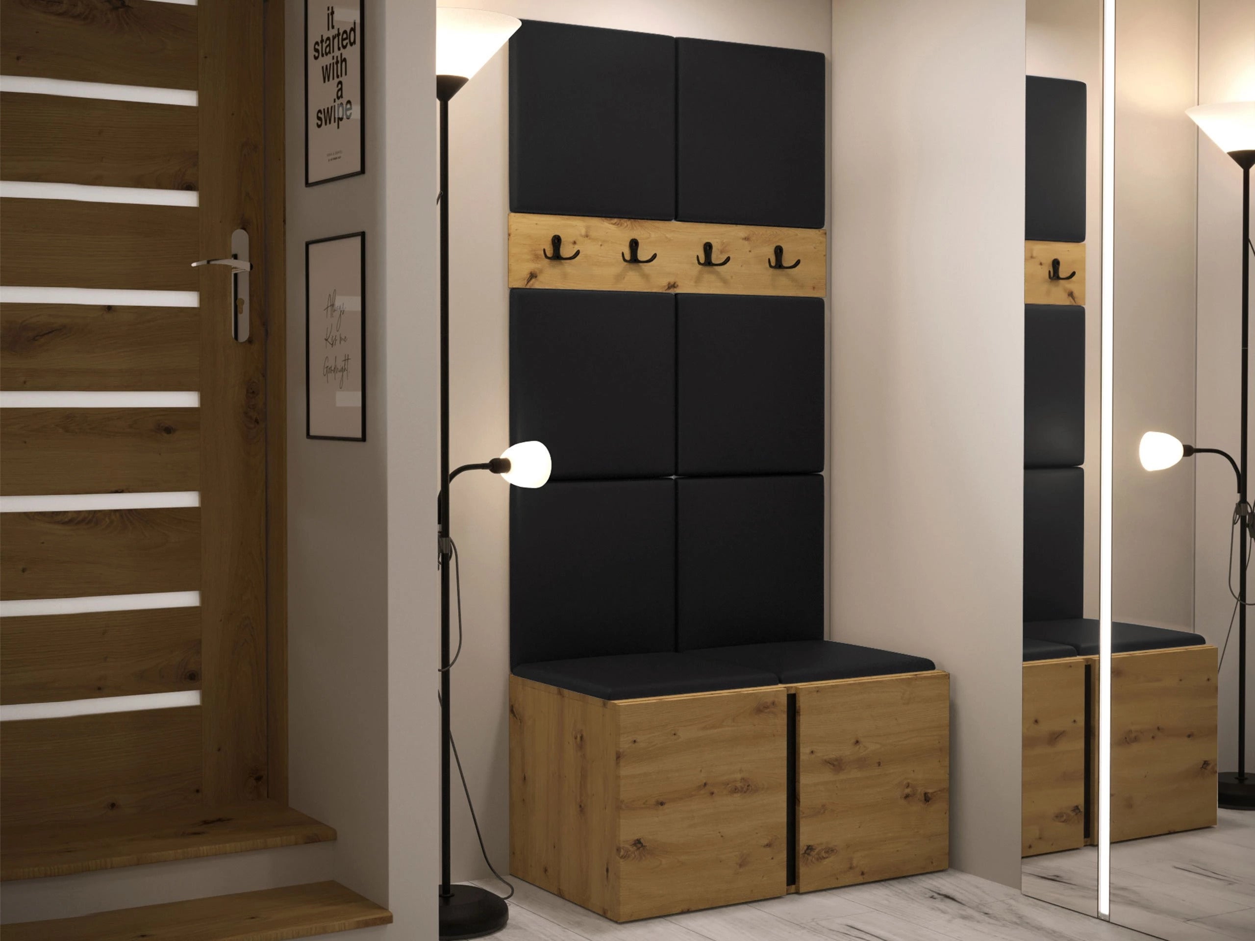 Meuble d'entrée Pinis IV, 186x84x46cm, Chêne Artisan, Faux cuir, Stratifié, Murale, À poser - 2