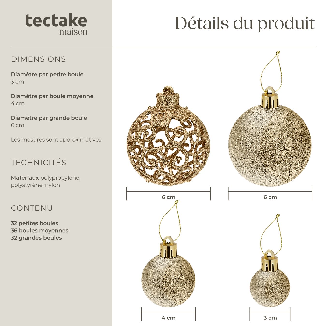 Lot de 100 boules de Noël en plastique mates, brillantes ou pailletées de 3, 4 ou 6 cm de diamètre TECTAKE - 6
