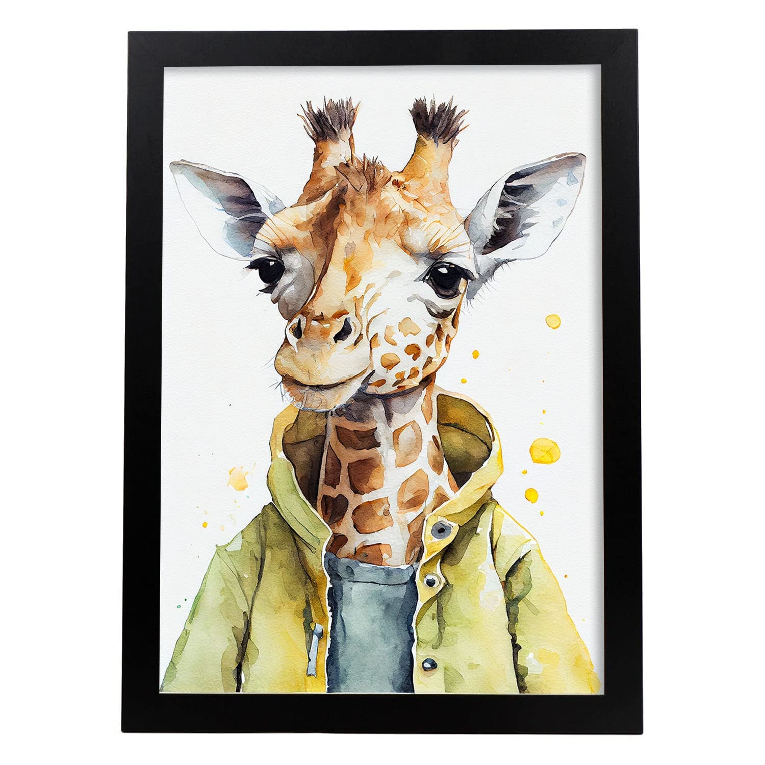 Nacnic poster de jirafa frontal en estilo acuarela ilustraciones infantiles a todo color de animalitos bebé sobre fondo blanco a3 marco negro