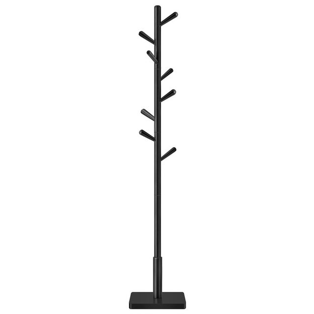 Portemanteau sur Pied en Bois avec 8 Crochets, 3 Hauteurs Réglables, pour Manteaux, Chapeaux, Sacs, Entrée ou Couloir, Bois d’Hévéa, Noir d’Encre