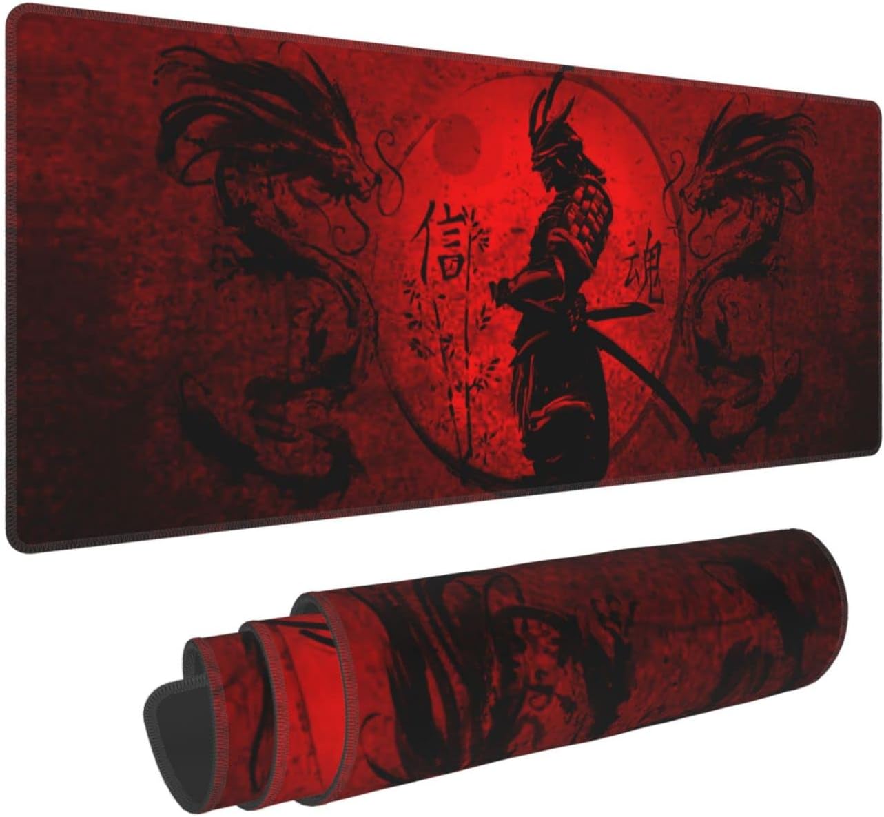 Tapis de souris japonais samouraï cool anime dragon rouge et noir 31,5 x 11,8 pouces tapis de