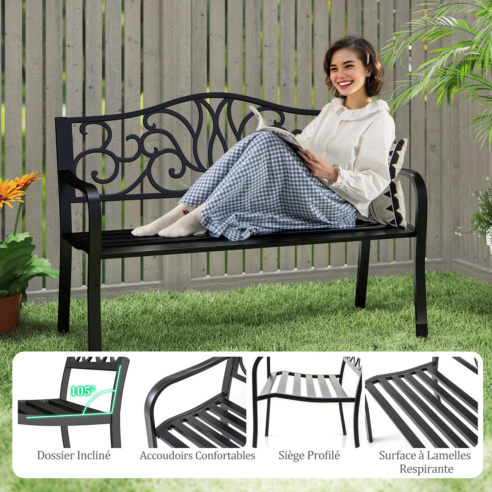 Banc de Jardin 127CM pour 2-3 Personnes, en Fonte avec Dossier à Motif Floral et Siège à Lattes, Banc de Patio avec Accoudoirs, Noir - 6