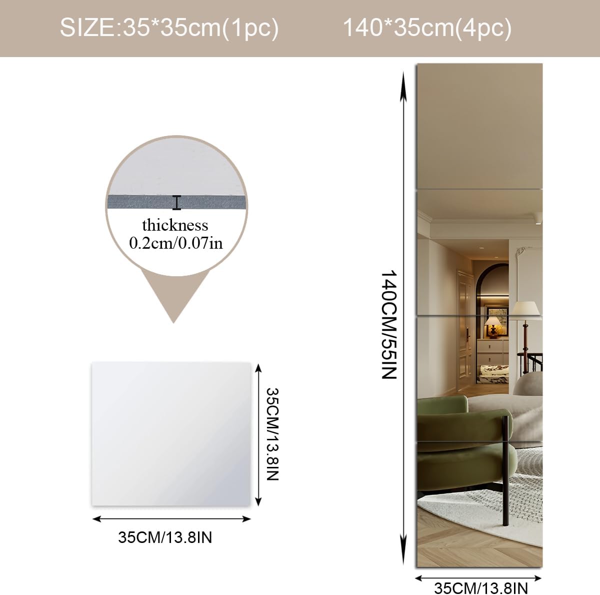 Lot de 4 miroirs autocollants en acrylique pour murs - 35 x 35 cm - HD - Sans verre - Incassables - À fixer au mur - Pour maquillage, entraînement - 2