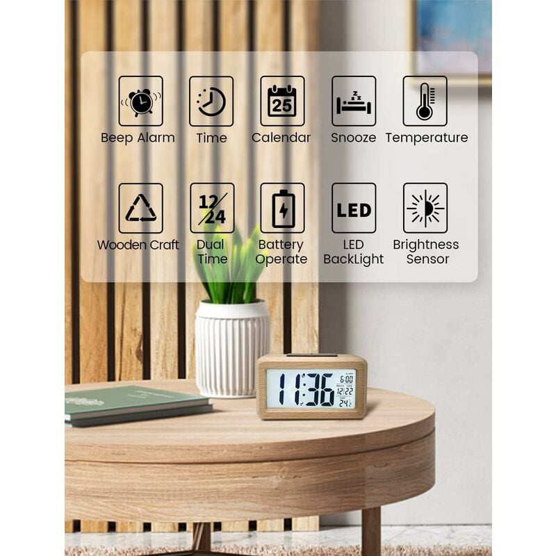 Réveil numérique avec grand écran LCD rétroéclairé, température, fonction snooze, capteur de luminosité [piles non incluses] - 2