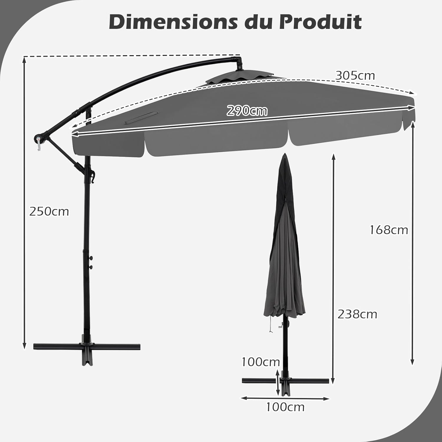 Parasol Déporté 3x3m avec Housse, Grand Parasol de Jardin Exterieur,8 Baleines et Base Croisée, Parasol Inclinable Suspendu avec Manivelle(Gris) - 2