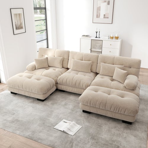 Canapé d'angle, canapé en U pour salon à 3 place avec pouf amovible, en tissu, beige - 2