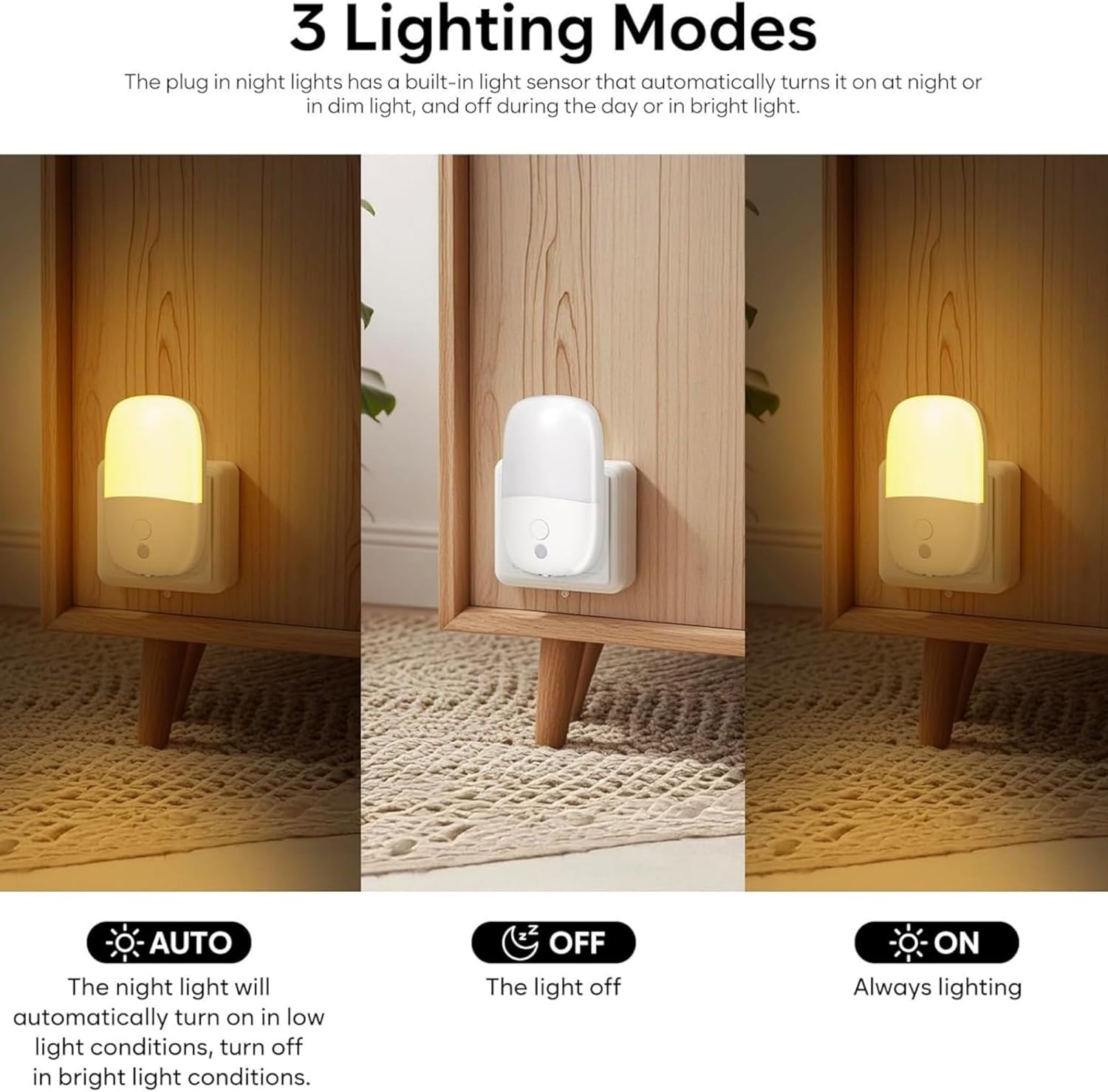 Lampki nocne LED, wtykowe, zestaw 2 szt., ściemnialne, z czujnikiem zmierzchu i świtu, chowana wtyczka, ciepłe światło. - 4