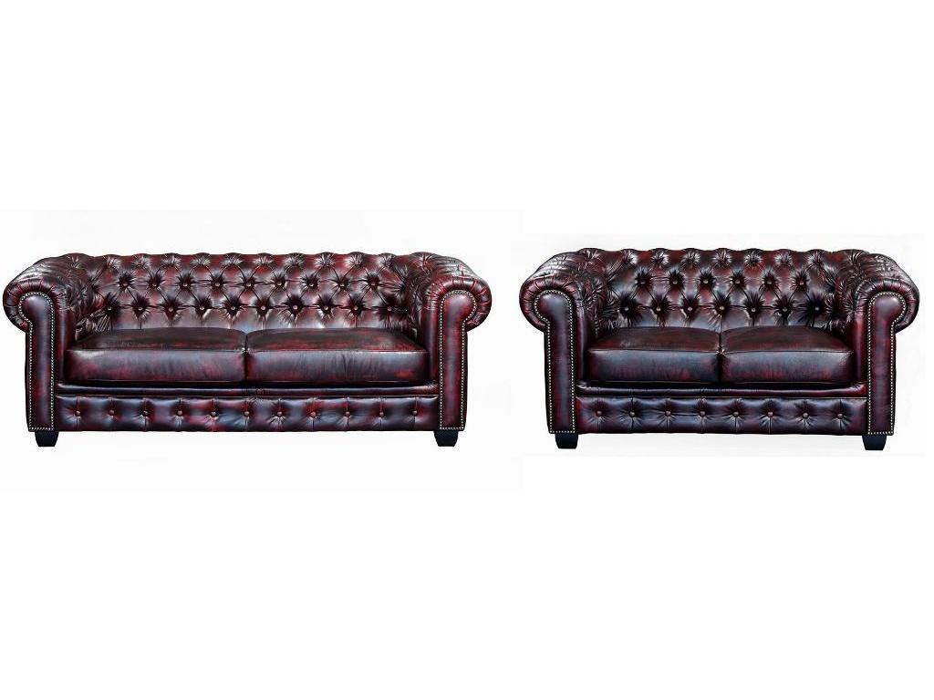 Komplet wypoczynkowy typu chesterfield 3+2 BRENTON 100% skóry bawolej - Kolor: cherry
