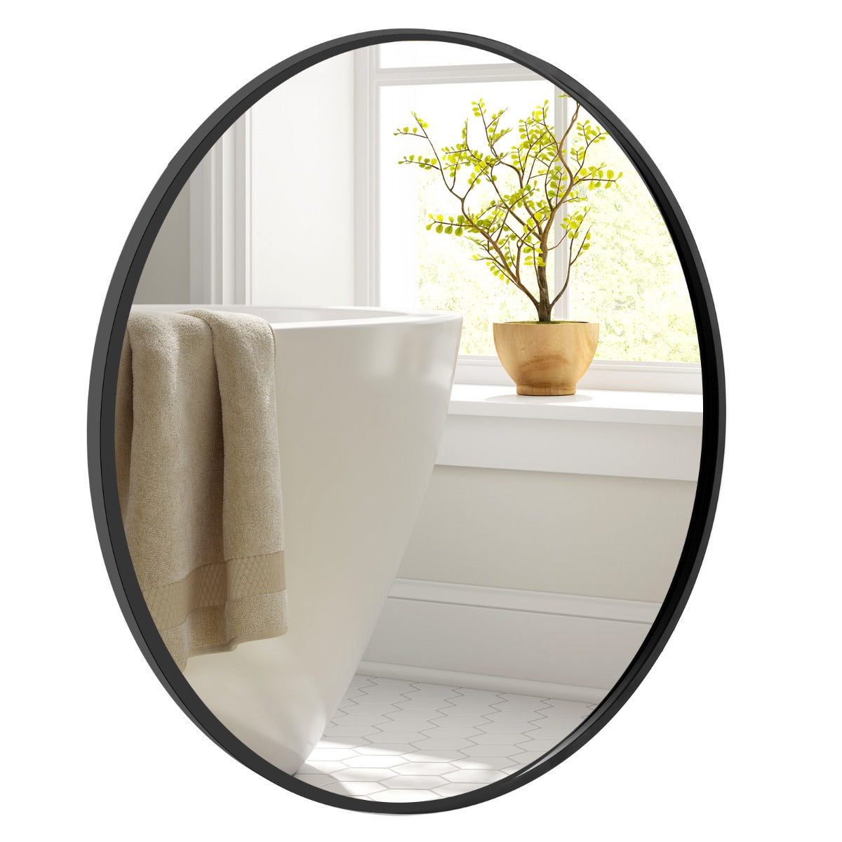Espejo redondo espejo de pared de 61 cm con marco de metal mate cepillado antioxidante para una decoración minimalista moderna negro 20_00