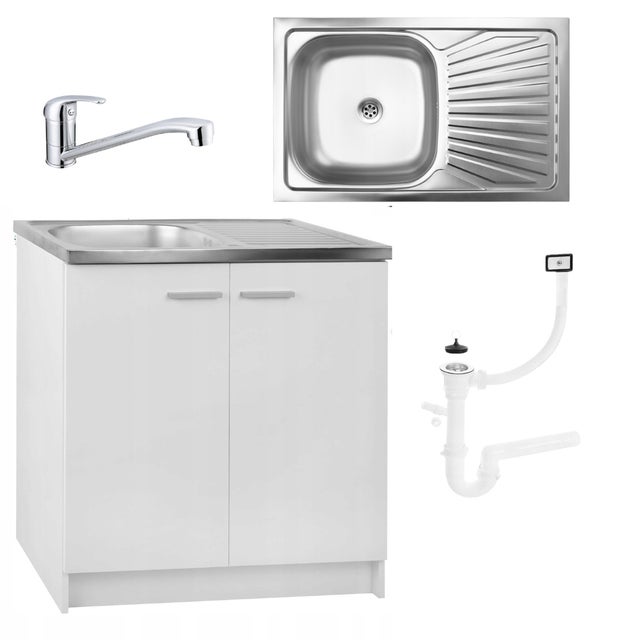 Szafka Kuchenna Biała 80 Zlewozmywak Bateria Obrotowa Chrom Syfon